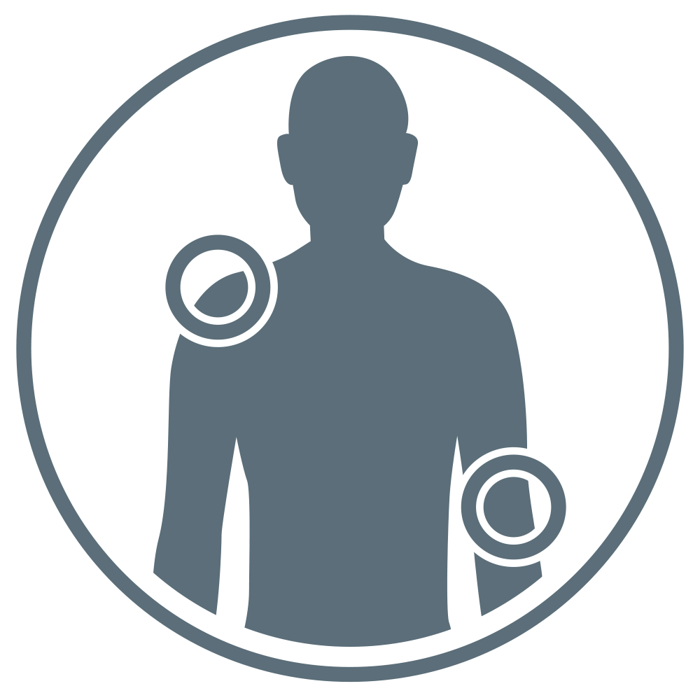 Human torso with shoulder and elbow highlighted by circles.