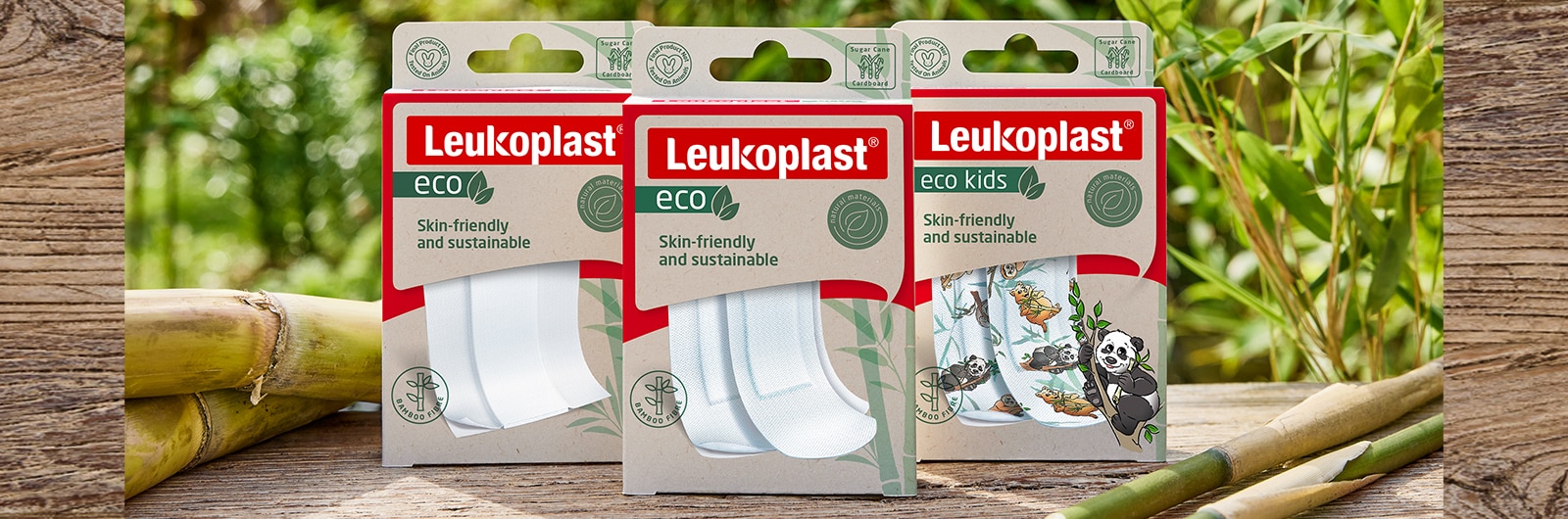 Bild zeigt Leukoplast eco Packung der Zuschnitte, Streifen und Kids Variante