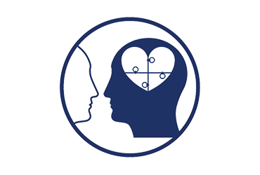 Icon of a head with a heart-shaped brain facing another head.