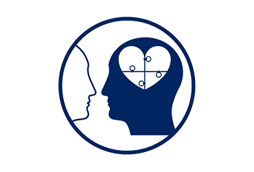 Icon of a head with a heart-shaped brain facing another head.