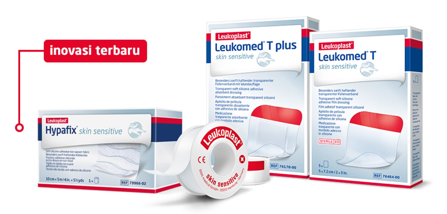 Kami memiliki empat contoh produk Leukoplast dengan dukungan teknologi kulit sensitif: Fixomull, Leukomed T, dan T plus, serta satu gulung plester fiksasi. 