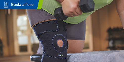 Una persona che pratica CrossFit con la ginocchiera Actimove Sports Edition indossata. Il testo "Cura ortopedica" si legge in un riquadro.