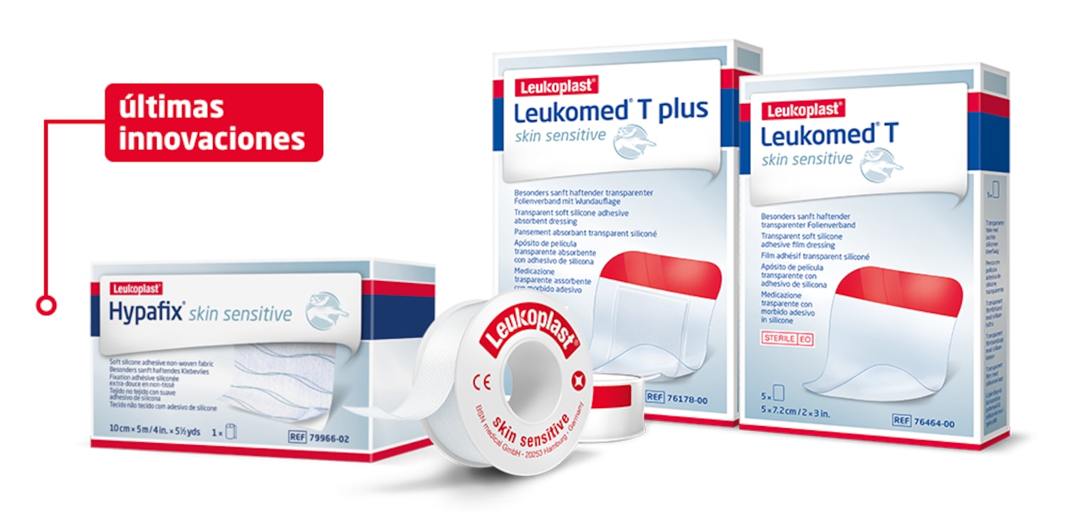 Se ven cuatro ejemplos de productos de Leukoplast con tecnología especial para pieles sensibles: Hypafix skin sensitive, Leukomed T y Leukomed T plus, y un carrete de esparadrapo. 