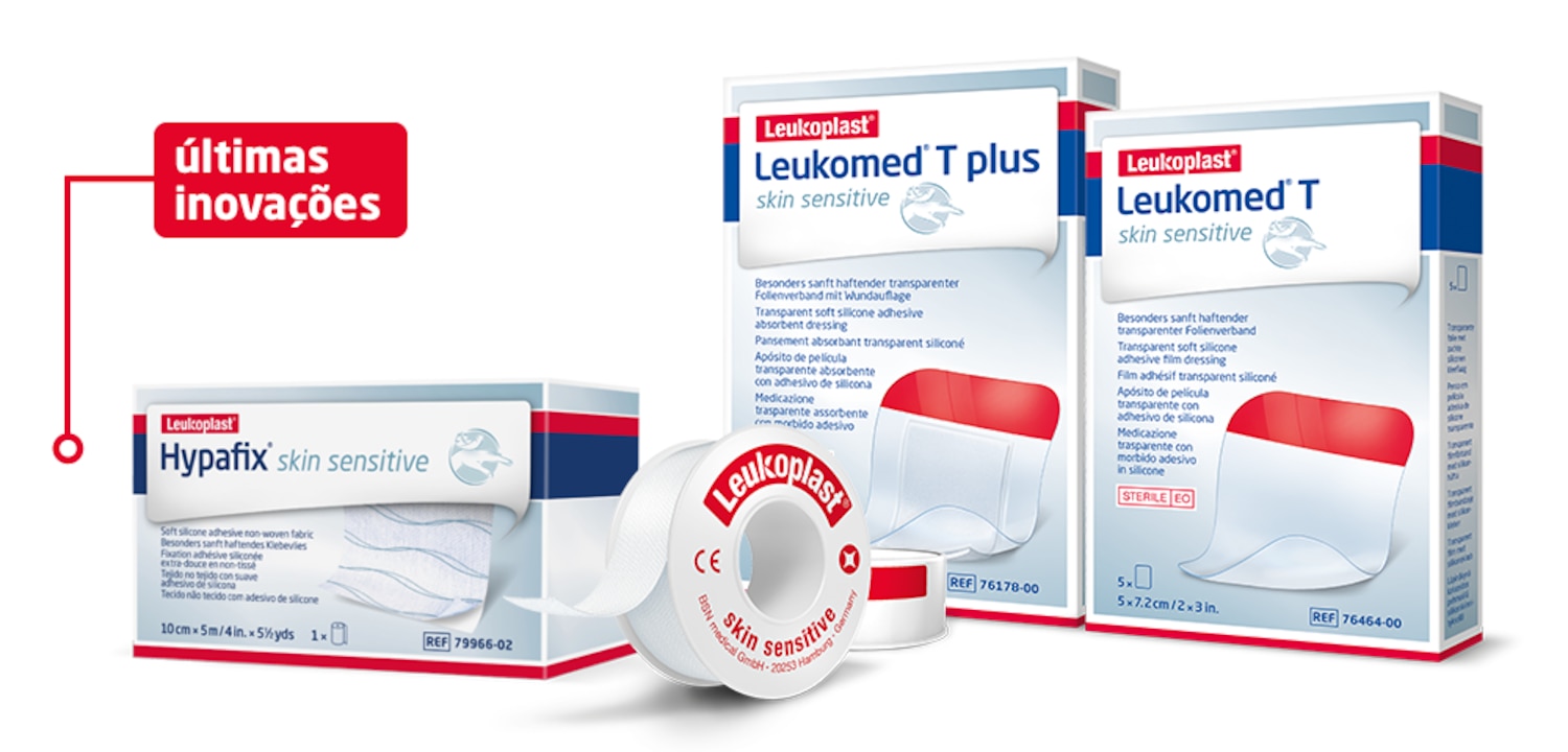 Vemos quatro exemplos de produtos Leukoplast com tecnologia para pele sensível: Fixomull, Leukomed T e T plus, e uma bobina de fita de fixação. 