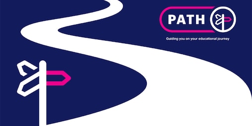 A logo showing the words PATH against a blue and white background