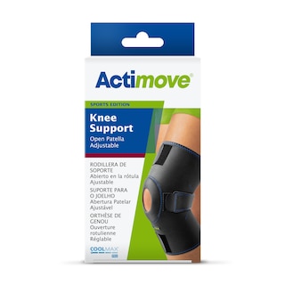 Förpackning med Actimove Sports Edition justerbart knästöd med öppen patella
