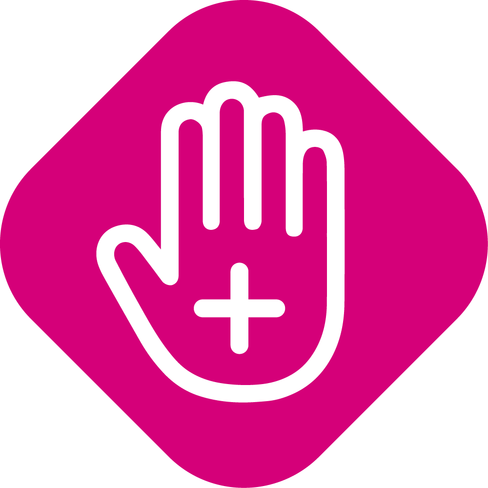 Symbol showing a hand with a plus sign to visualize the usability of the product