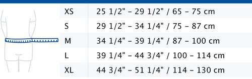 Size chart showing measurements for Actimove Professional Line LumbaMotion Back Support with Pressure Pad
