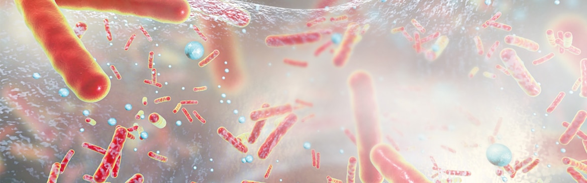 Wundschutz-Pflaster zur Vermeidung von Infektionen: Das Bild zeigt eine beispielhafte schematische Darstellung von roten stäbchenförmigen und blauen kugelförmigen Mikroben in einer unbestimmten, transparenten Umgebung.