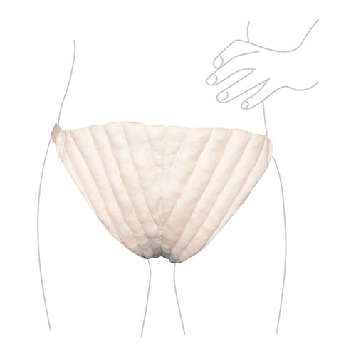 Diagram showing a female wearing JOBST Jovipad Male Genital Pad.