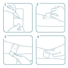 Instructions for use
1. Remove the first adhesive protector film
2. Start to apply the adhesive to the skin and the dressing pad over the top of the wound.
3. Peel off the second adhesive protector film.
4. Gently press and smooth out the dressing.