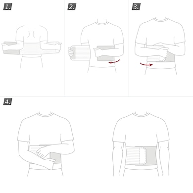 Applicazione della fascia addominale con imbottitura morbida Comfort Actimove Professional Line: avvolgere il lato corretto attorno al corpo e fissare il velcro al supporto secondo necessità Applicazione della fascia addominale con imbottitura morbida Comfort Actimove Professional Line: avvolgere il lato corretto attorno al corpo e fissare il velcro al supporto secondo necessità