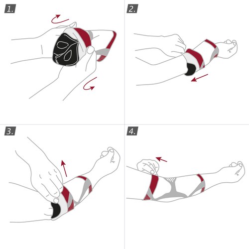 How to put on the Actimove Professional Line EpiMotion Elbow Support: pull the support up your arm
