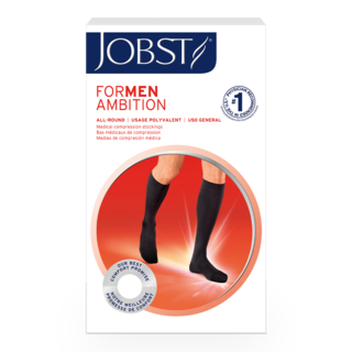 A view of legs dressed in JOBST knee-high closed-toe compression socks.
