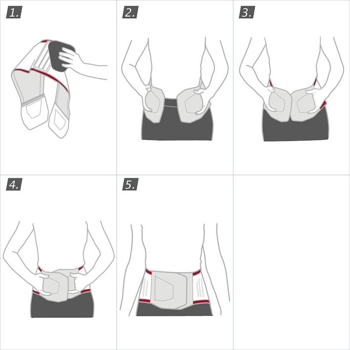 How to put on the Actimove Professional Line LumbaMotion Lady Back Support with Pressure Pad: wrap the belt around your abdomen and close the fastener
