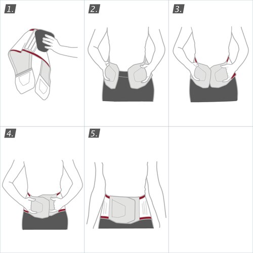 How to put on the Actimove Professional Line LumbaMotion Lady Back Support with Pressure Pad: wrap the belt around your abdomen and close the fastener
