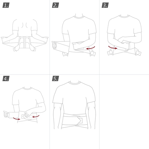 How to put on the Actimove Professional Line LumbaMotion Lady Back Support with Pressure Pad: wrap the belt around your abdomen and close the fastener
