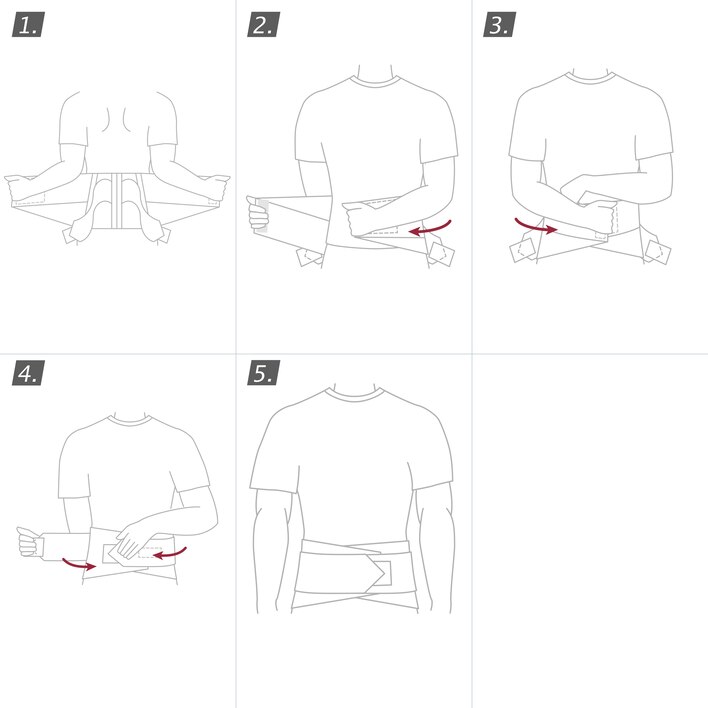 How to put on the Actimove Professional Line LumbaMotion Lady Back Support with Pressure Pad: wrap the belt around your abdomen and close the fastener
