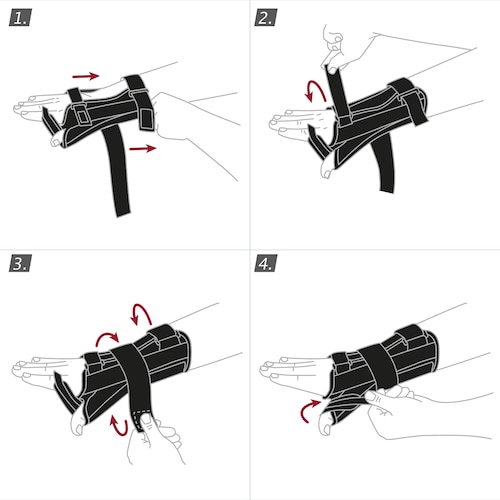 How to put on the Actimove Professional Line Manus Forte Plus Wrist and Thumb Brace: pull the brace over your wrist and close the straps
