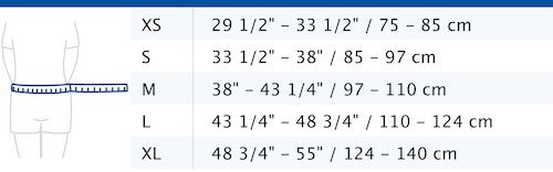 Size chart showing measurements for Actimove Professional Line LumbaMotion Lady Back Support with Pressure Pad
