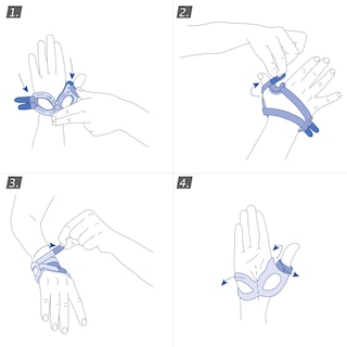 How to put on the Actimove Professional Line Rhizo Forte Thumb Orthosis: slide your hand into the brace and close the straps
