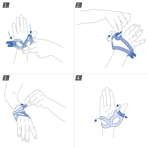 How to put on the Actimove Professional Line Rhizo Forte Thumb Orthosis: slide your hand into the brace and close the straps
