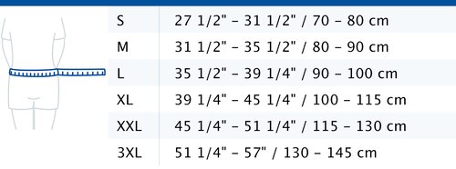 Size chart showing measurements for Actimove Professional Line LumbaMotion Lady Back Support with Pressure Pad
