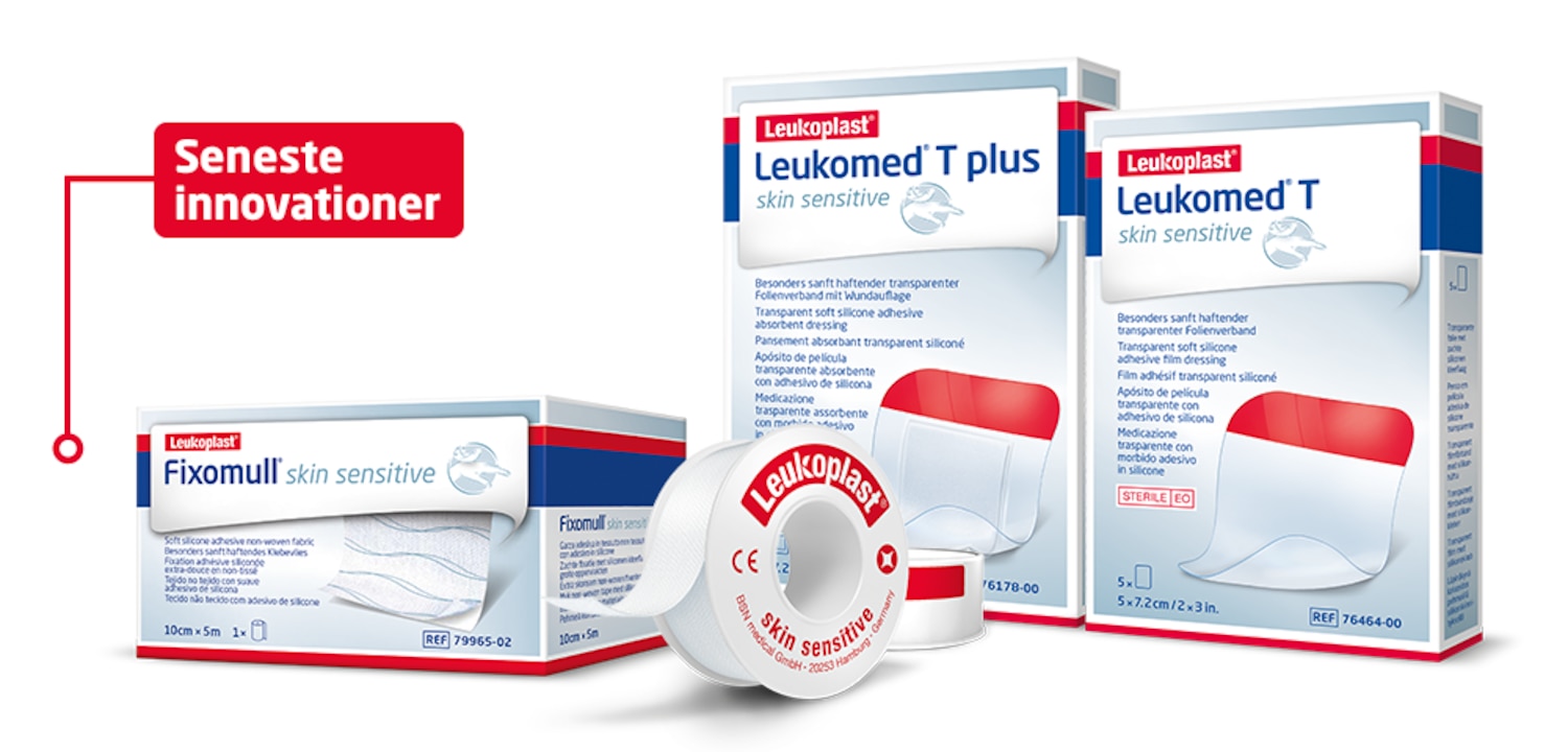 Vi ser fire eksempler på Leukoplast-produkter med følsom hudteknologi: Fixomull, Leukomed T og T plus samt en spole fikseringstape. 