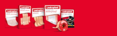 Copies of Leukoplast plasters for professional use: various wound dressings and bandages.