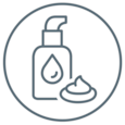 Graafinen kuva pumppupullosta, joka symboloi ihon suojavalmisteen tai kosteutta ehkäisevän valmisteen levittämistä haavanhoidon yhteydessä.