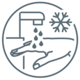 Grafisk illustration av en rinnande vattenkran som visar nedkylning med rinnande vatten som ett steg i sårbehandlingen från Leukoplast.