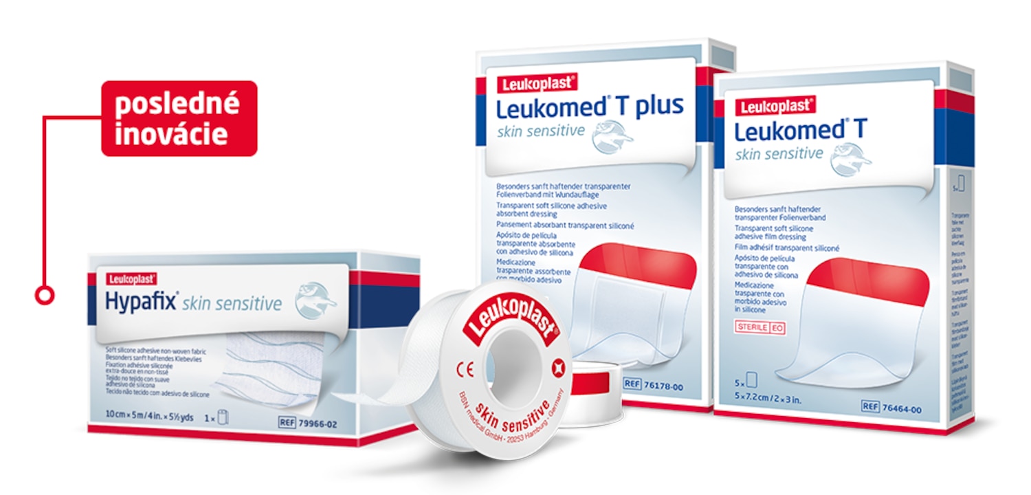Vidíme štyri príklady výrobkov Leukoplast s technológiou na citlivú pokožku: Fixomull, Leukomed T a T plus a jedna cievka fixačnej pásky. 