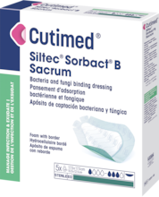 Afbeelding toont de verpakking van Cutimed® Siltec® Sorbact® B Sacrum 