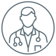 Graphical representation of a medical practitioner with a stethoscope over the shoulders to symbolize visiting a doctor as a recommended step in wound care.