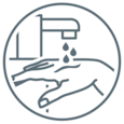 Grafische Darstellung eines offenen Wasserhahns, um das Auswaschen der Wunde als Wundbehandlungsschritt der Ersten Hilfe im Leukoplast-Wundpflegeratgeber zu veranschaulichen.