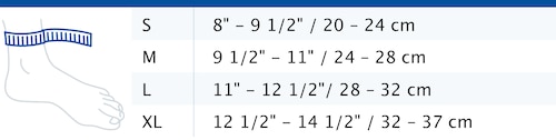 Size chart showing measurements for Actimove Sports Edition Ankle Support Adjustable
