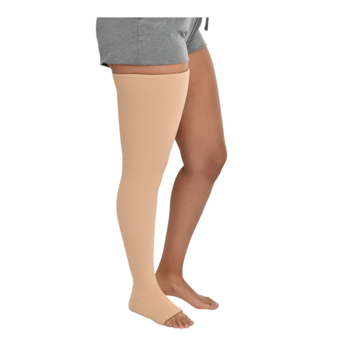 JOBST Relax open toe thigh-high compression socks in beige.