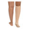 Close-up of a rear view of a person wearing beige-coloured Relax open-toe, knee-high compression sock on one leg. 