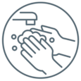 Grafische Darstellung des Händewaschens eines Ersthelfers als Wundbehandlungsschritt der Ersten Hilfe im Leukoplast-Wundpflegeratgeber.