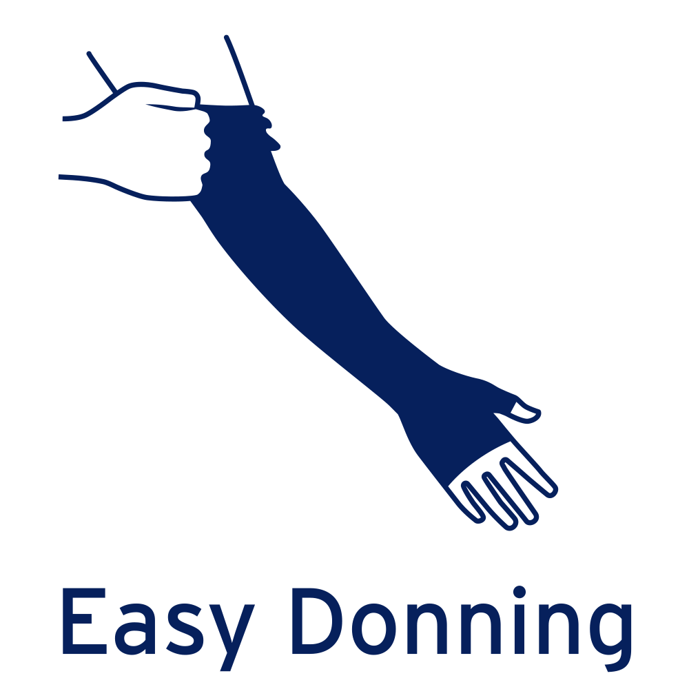 Diagram showing person wearing compression sleeve and the words 'Easy donning' for JOBST.