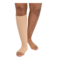 Close-up front view of a person wearing beige-colored JOBST Relax open-toe, knee-high compression sock on one leg.