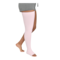 Close-up side view from thigh to toe of a person wearing rose-colored JOBST Relax open toe thigh-high compression socks.