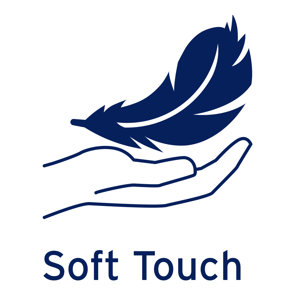 Hand holding a blue feather with the words 'soft touch' for JOBST compression products.