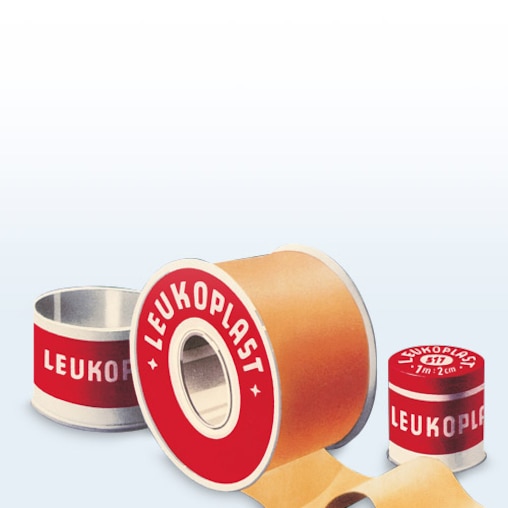 Three pieces of the historic Leukoplast spool, the first self-adhesive fixation tape.