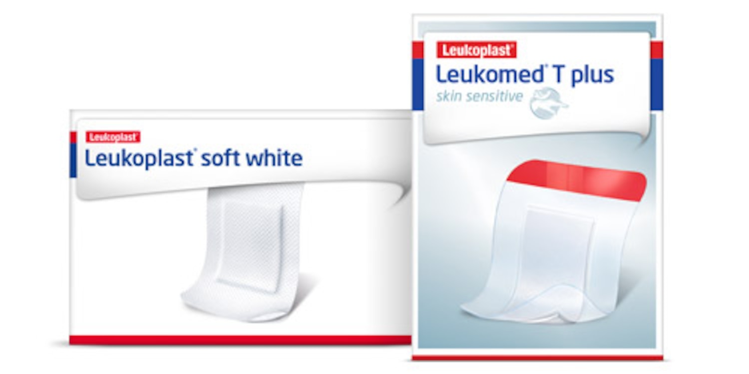 Kaksi Leukoplast-tuotetta terveydenhuollon tarvikkeiksi: Leukoplast soft white ja Leukomed T plus.