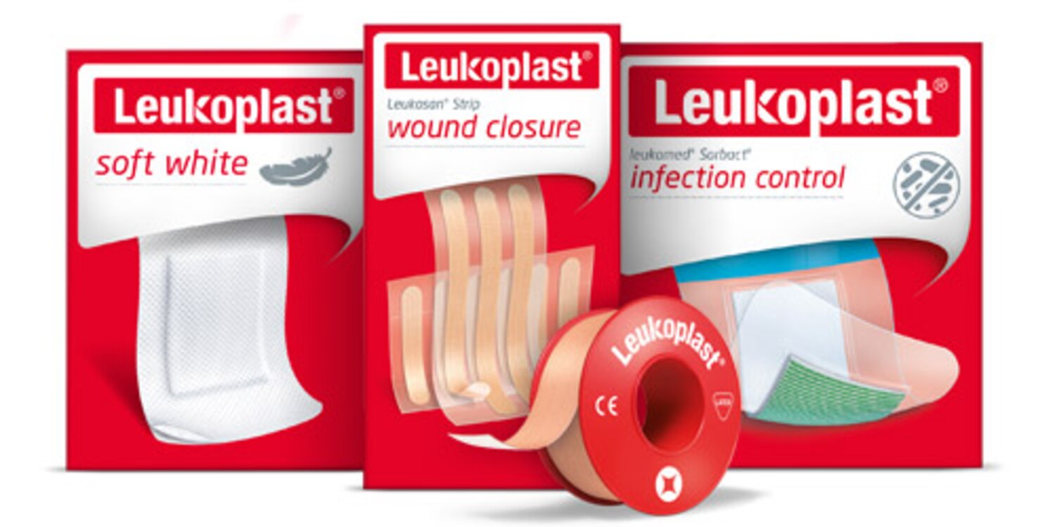 Four copies of Leukoplast plasters for home use: various wound dressings and fixation tape. 