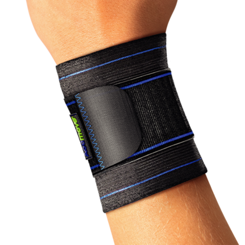Hand wearing Actimove Sports Edition Wrist Support Elastic Wrap Around in black
