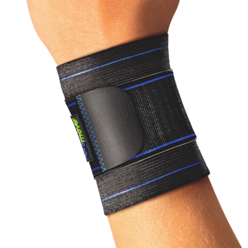 Hand wearing Actimove Sports Edition Wrist Support Elastic Wrap Around in black
