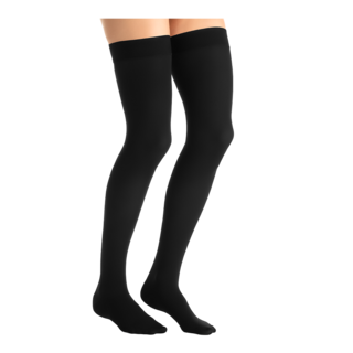 Close-up side view of a person wearing JOBST Opaque thigh-high compression stockings in black.