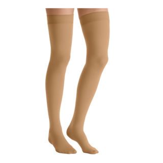 Close-up side view of a person wearing JOBST Opaque thigh-high compression stockings in tan.